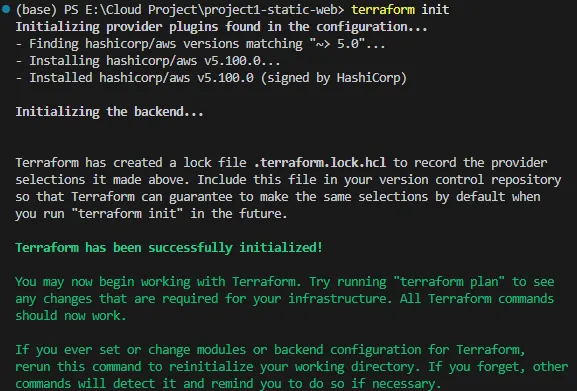 terraform init — run once before starting a project
